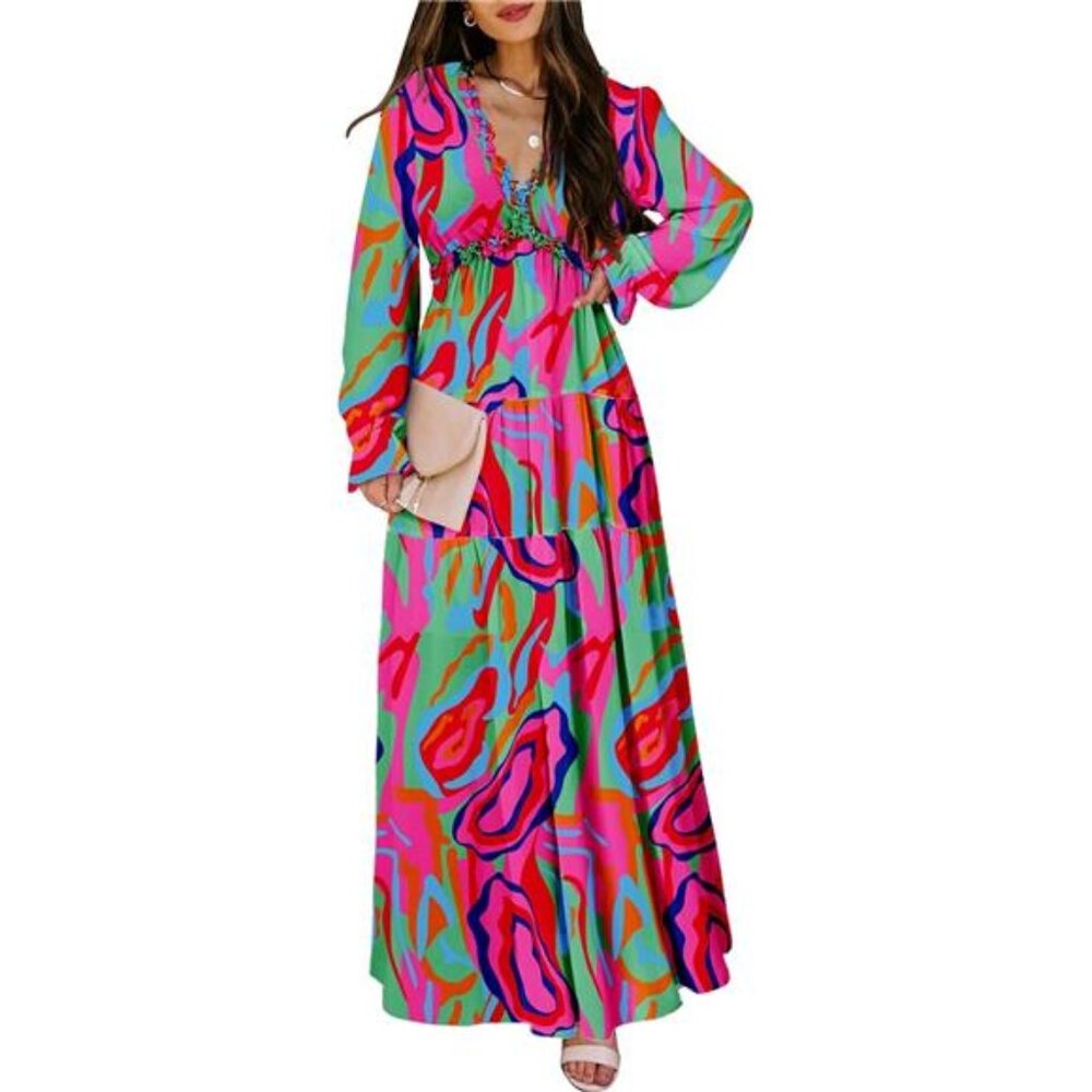 Women's Floral Deep V Neck Long Sleeve Maxi Dress